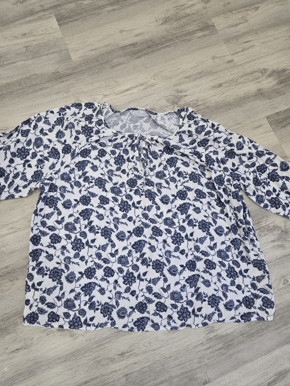 White and Navy Floral Tie-Neck Peasant Encore Blouse